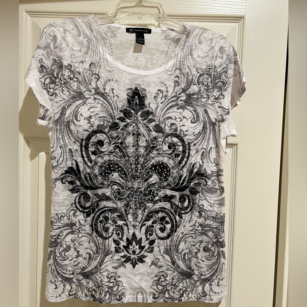 Lightweight white tee with black and gray design.